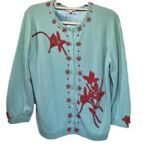 100% Cashmere Button Front Cardigan L Blue Embellished Knit Sweater Solaire EUC